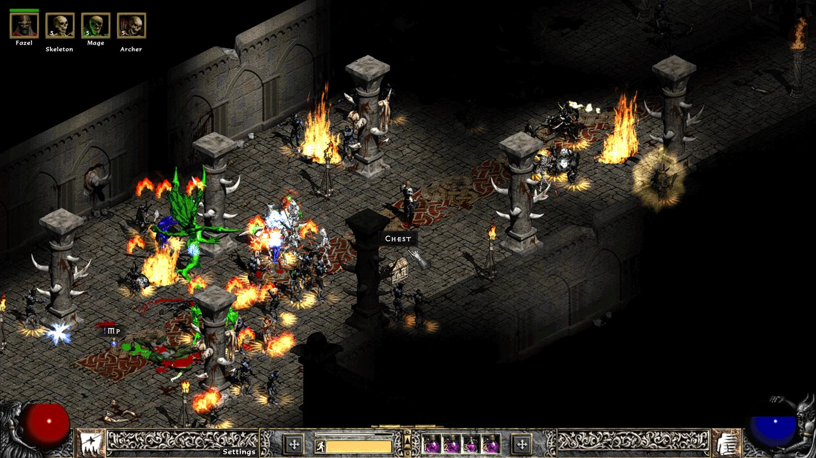 DEV D2 battle in a gothic interior filled with enemies and fire