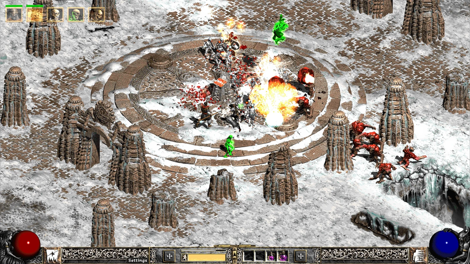 DEV D2 combat in a snowy stone arena