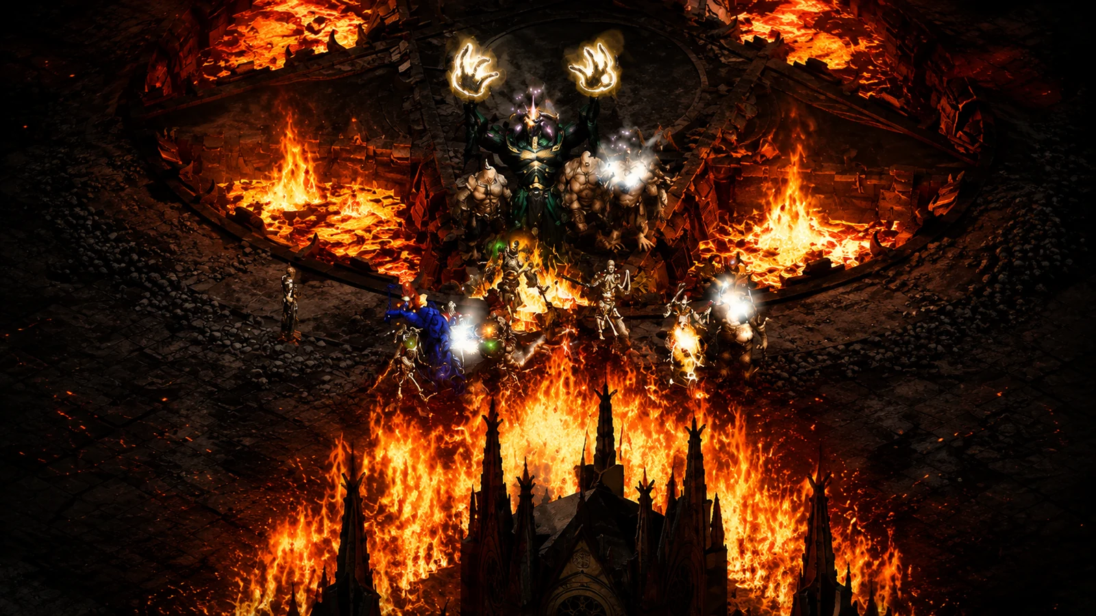 Stylised DEV D2 battle image showing a fiery arena beneath a gothic cathedral