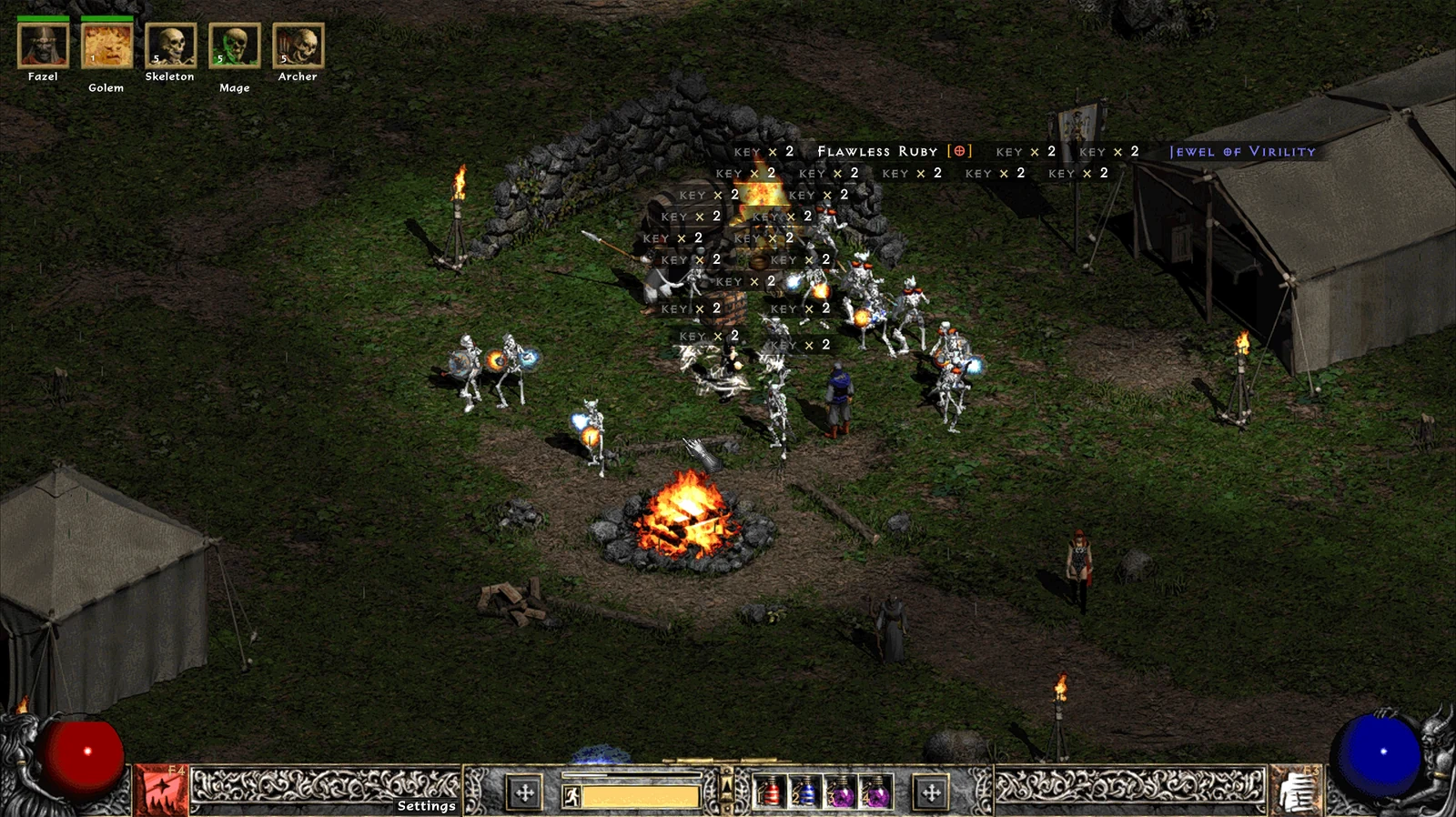 DEV D2 gameplay in the Rogue Encampment with a Necromancer, summoned allies and loot on the ground