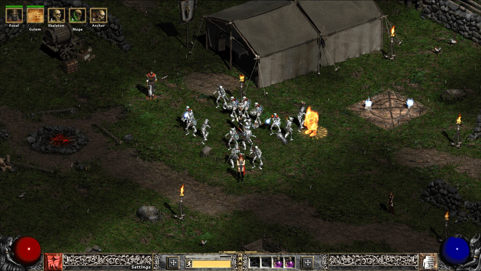 A Necromancer in the Rogue Encampment with Skeleton Warriors, Mages, Archers and a golem